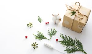 gift box, Christmas tree branches ,cotton bolls and hey girls tampon