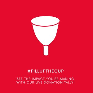 red image featuring a draw menstrual cup - Live Donation Tally 2022
