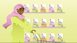 image of a woman with a cart and hey girls products on shelves