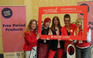 Free period product pick up points go live on the PickUpMyPeriod app. Free period product Act launched at Stormont Castle, Northern Ireland 13th May 2024. Hey Girls and My Period at the launch, photoframe selfie.